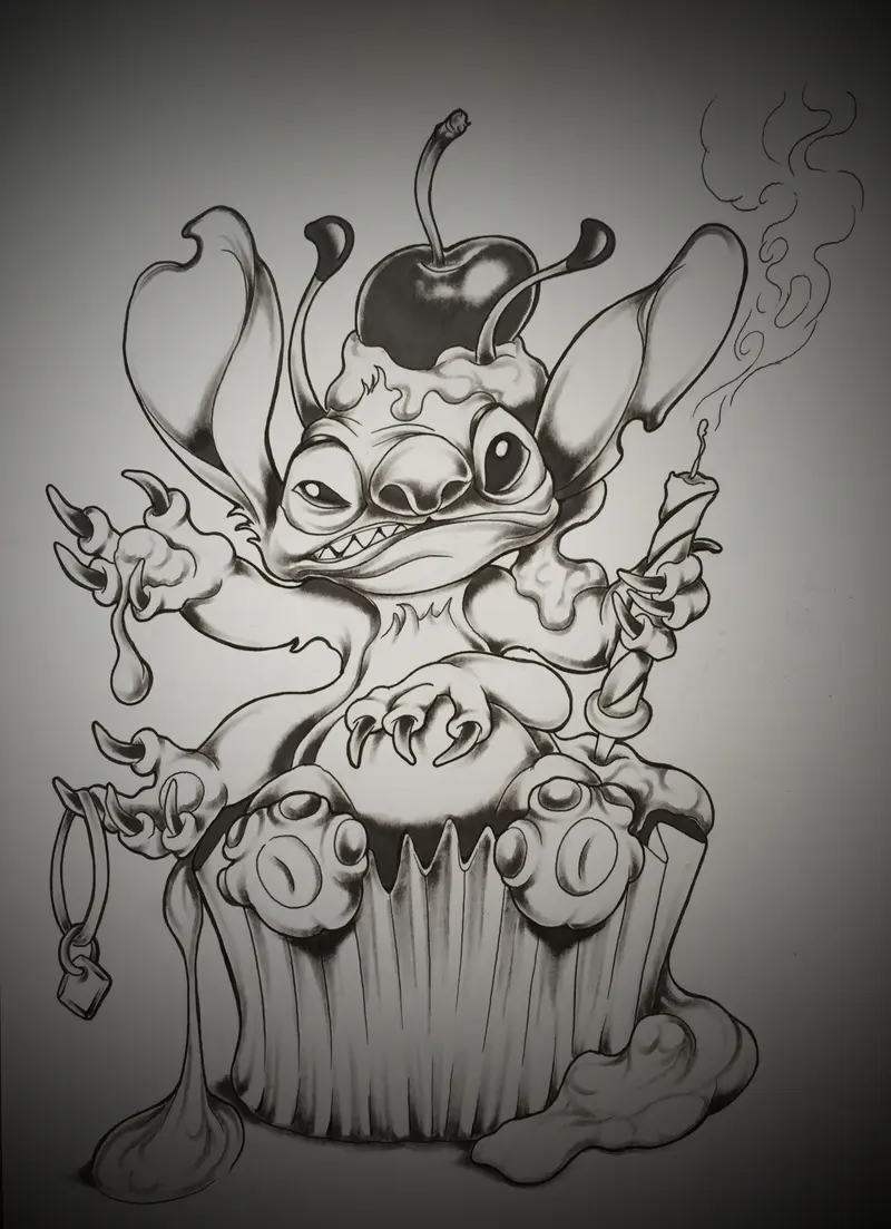 Tekening van een stripfiguur in tattoostijl