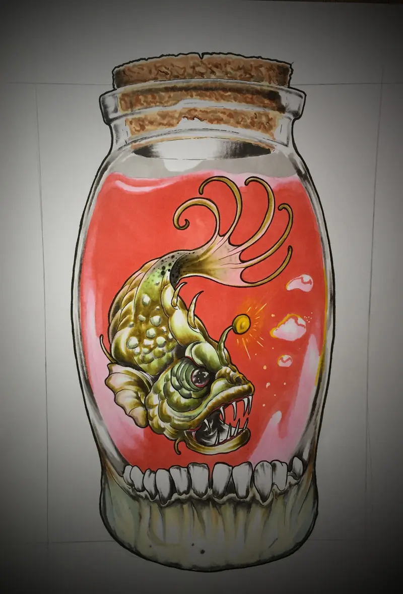 Kleurtekening van een diepzeevis in een glazen pot