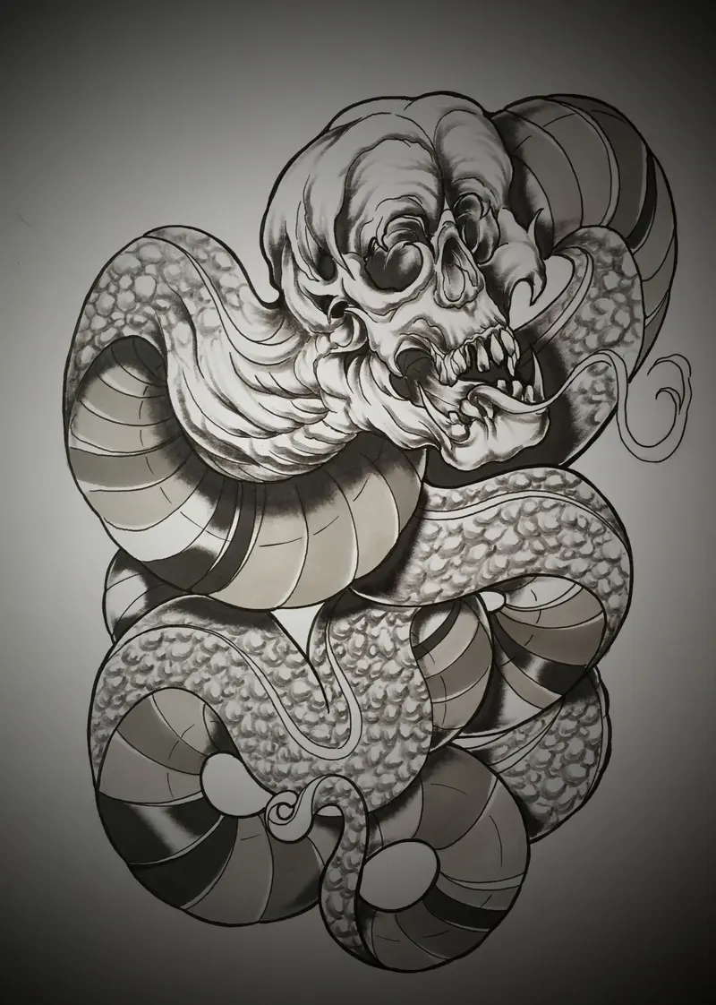 Tekening van een schedel omwonden door een slang