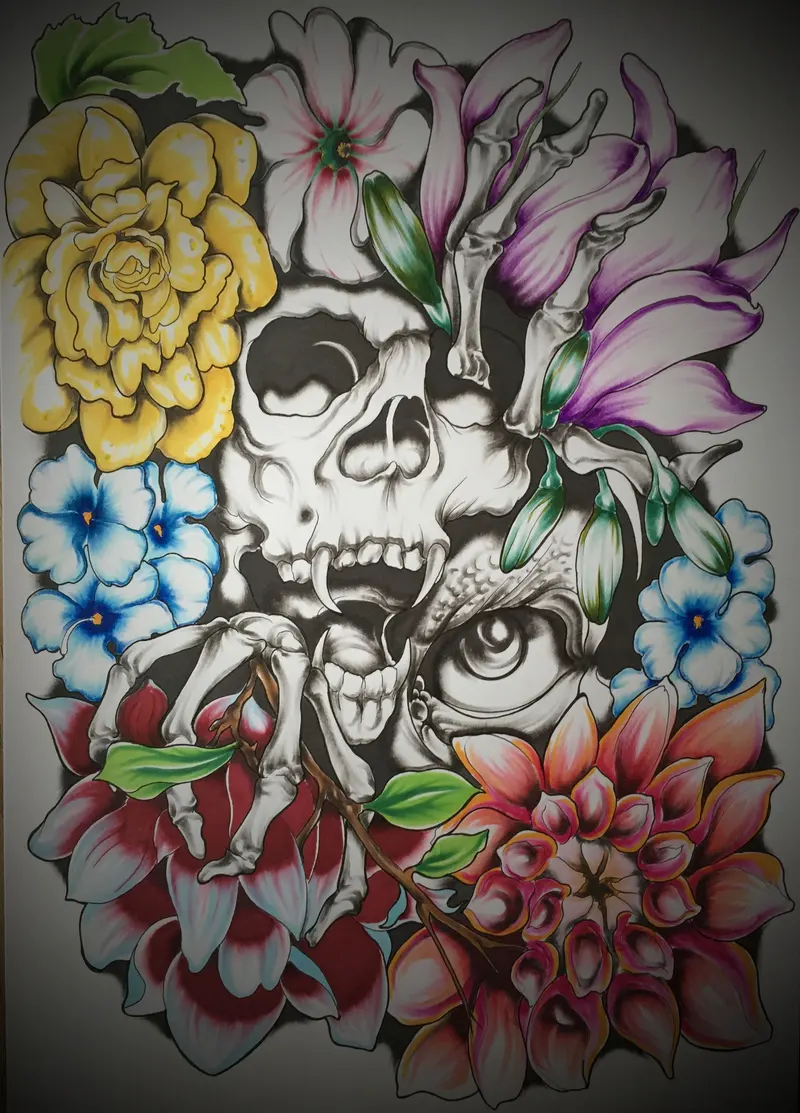 Kleurtekening van een schedel tussen bloemen
